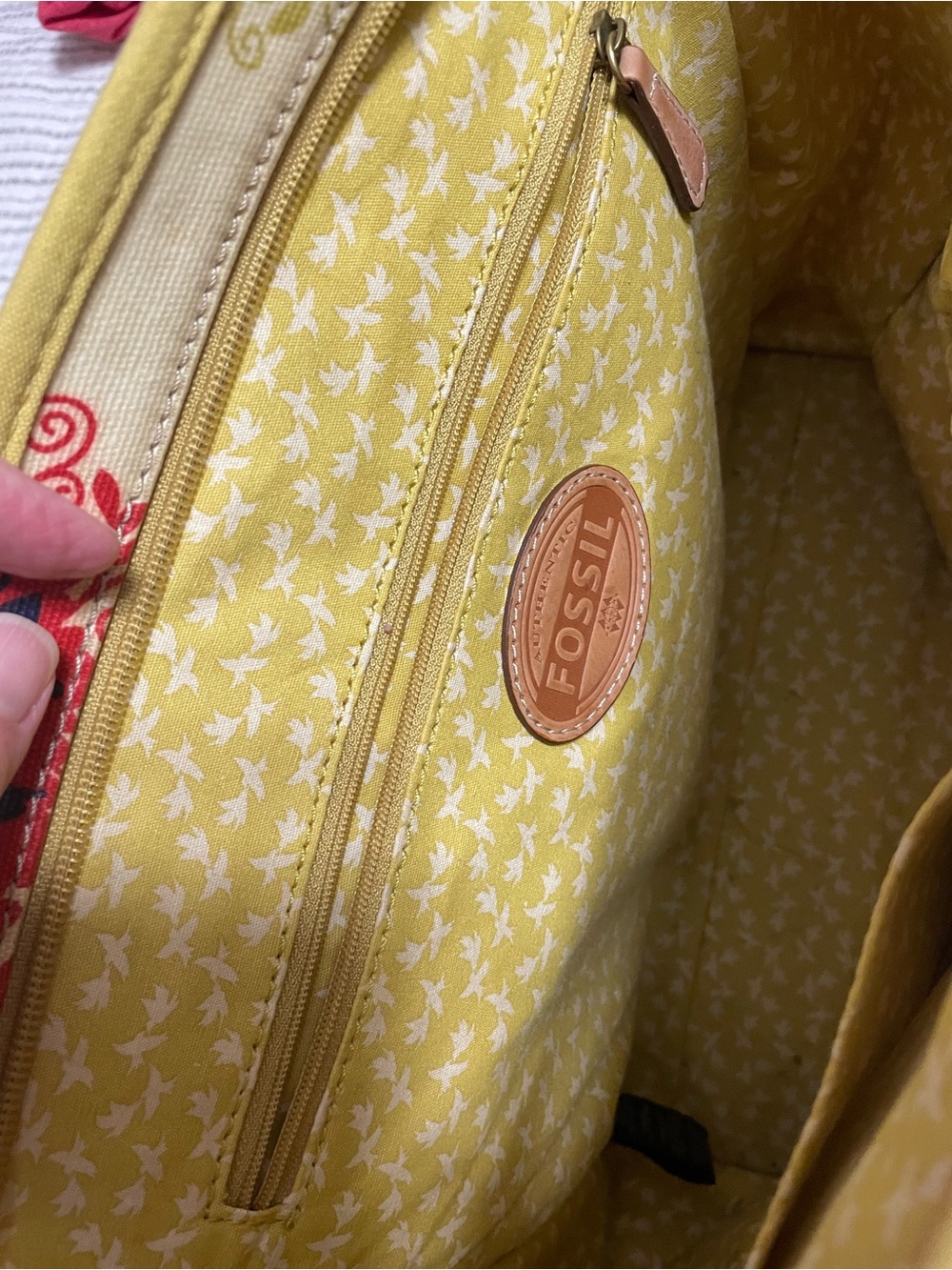 Fossil Yellow Multicolor Tree & Bird Canvas Tote with Tan Leather Trim - Picture 3 of 4